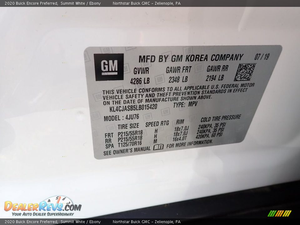 2020 Buick Encore Preferred Summit White / Ebony Photo #30