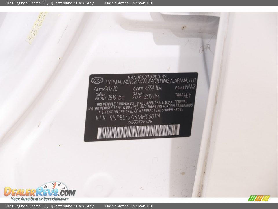 2021 Hyundai Sonata SEL Quartz White / Dark Gray Photo #21