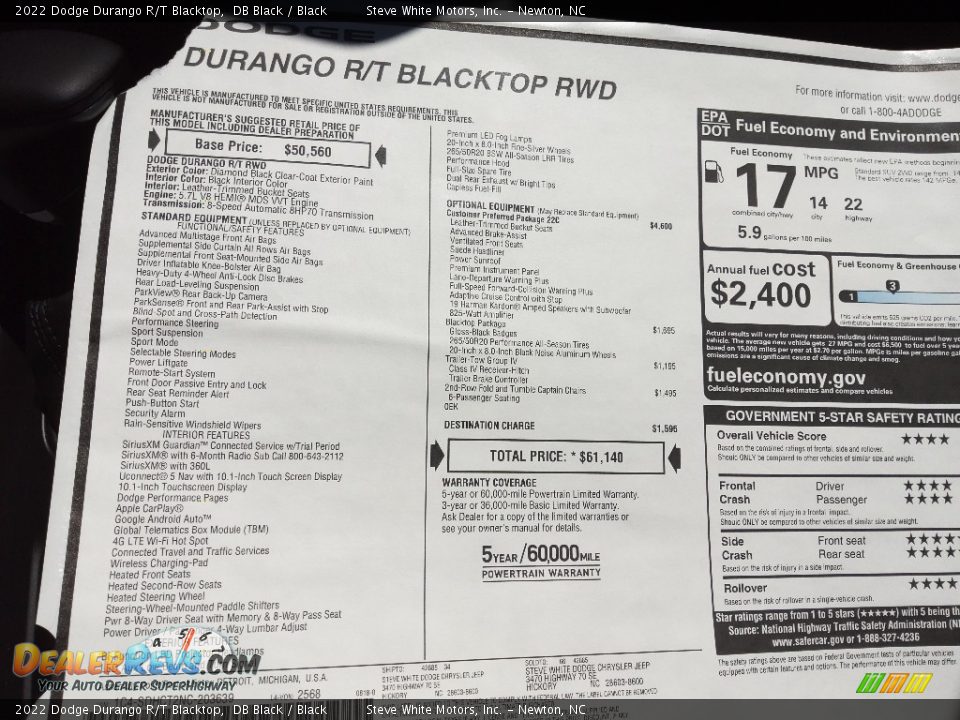 2022 Dodge Durango R/T Blacktop Window Sticker Photo #33