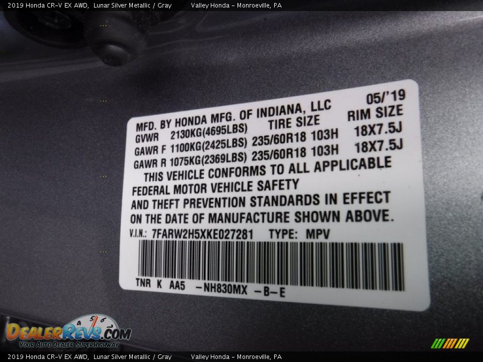 2019 Honda CR-V EX AWD Lunar Silver Metallic / Gray Photo #33
