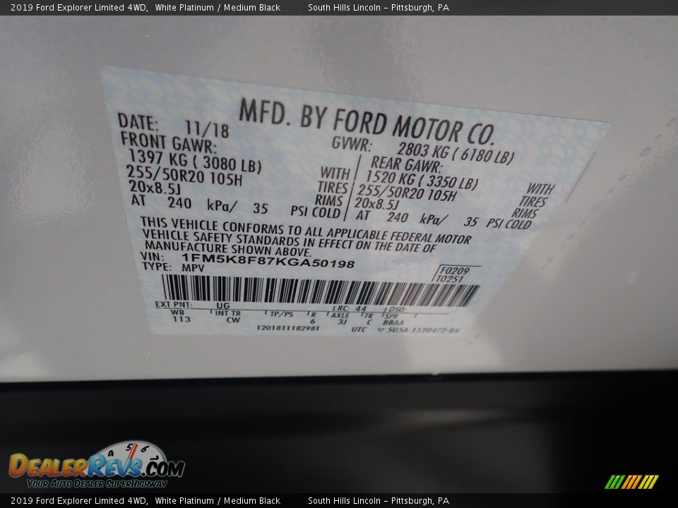 2019 Ford Explorer Limited 4WD White Platinum / Medium Black Photo #23
