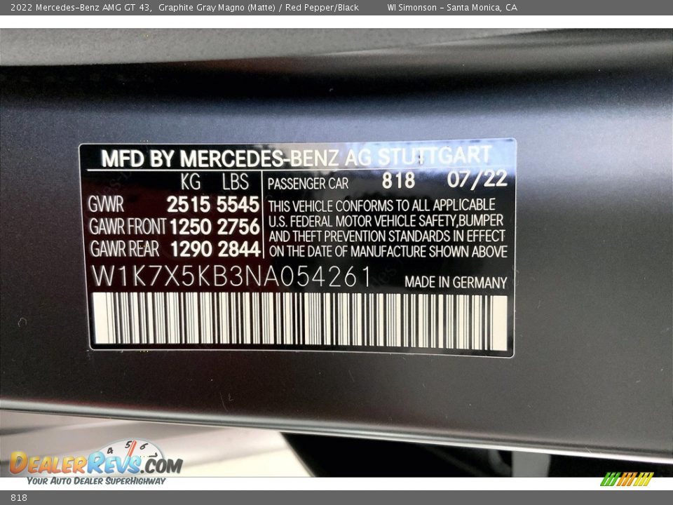 Mercedes-Benz Color Code 818 Graphite Gray Magno (Matte)