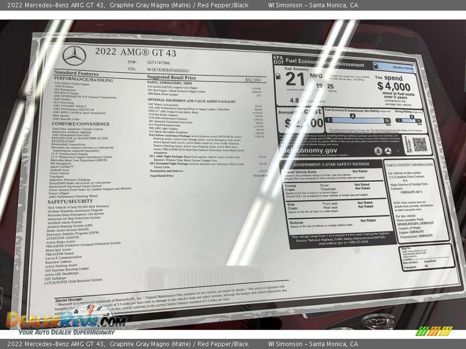 2022 Mercedes-Benz AMG GT 43 Window Sticker Photo #13