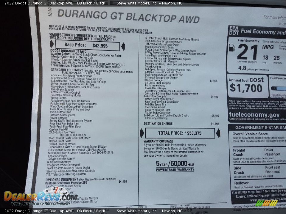 2022 Dodge Durango GT Blacktop AWD Window Sticker Photo #30