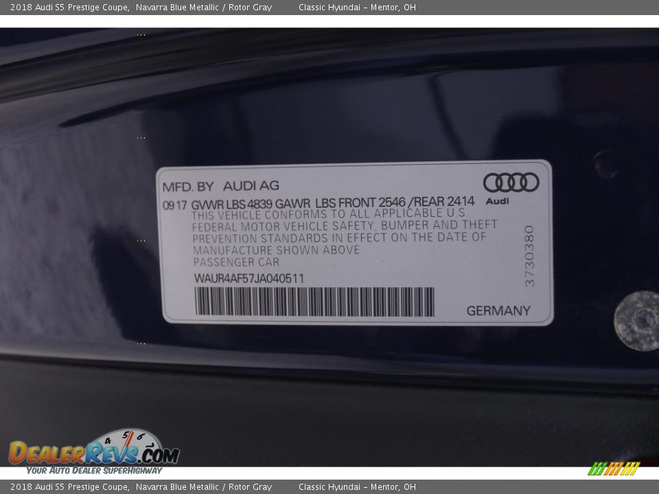 2018 Audi S5 Prestige Coupe Navarra Blue Metallic / Rotor Gray Photo #22