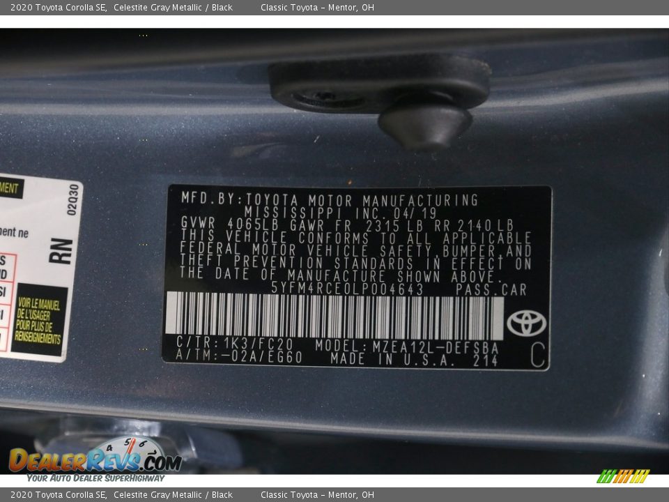 2020 Toyota Corolla SE Celestite Gray Metallic / Black Photo #20