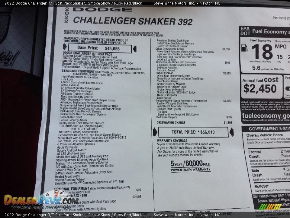 2022 Dodge Challenger R/T Scat Pack Shaker Window Sticker Photo #26