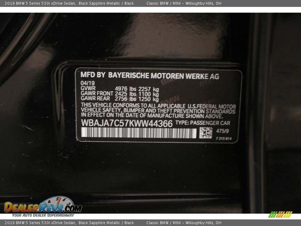 2019 BMW 5 Series 530i xDrive Sedan Black Sapphire Metallic / Black Photo #26