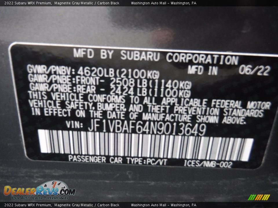 2022 Subaru WRX Premium Magnetite Gray Metallic / Carbon Black Photo #34