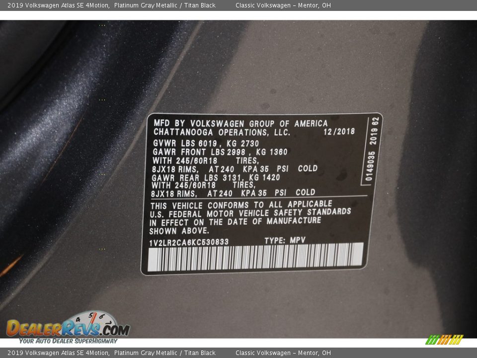 2019 Volkswagen Atlas SE 4Motion Platinum Gray Metallic / Titan Black Photo #21