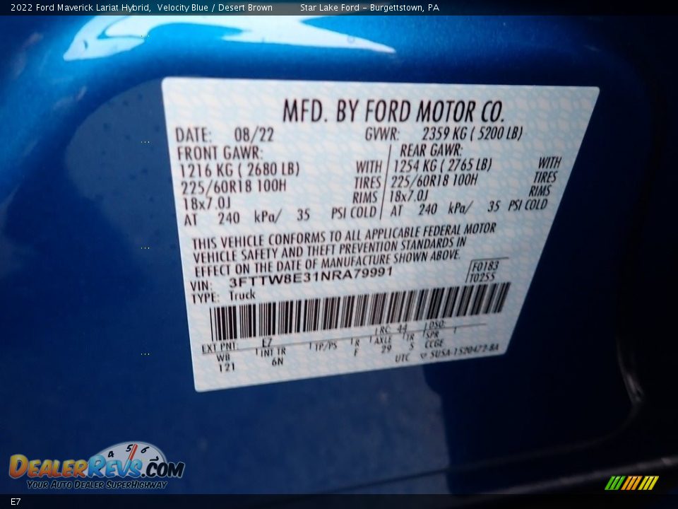 Ford Color Code E7 Velocity Blue