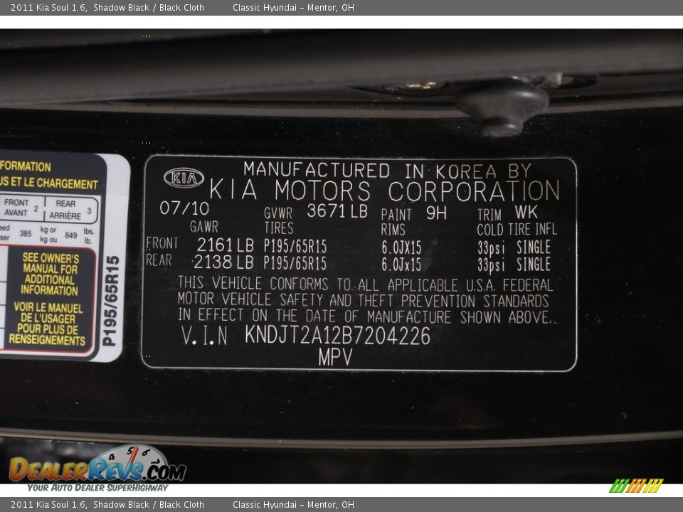 2011 Kia Soul 1.6 Shadow Black / Black Cloth Photo #17