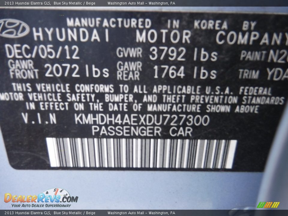 2013 Hyundai Elantra GLS Blue Sky Metallic / Beige Photo #26