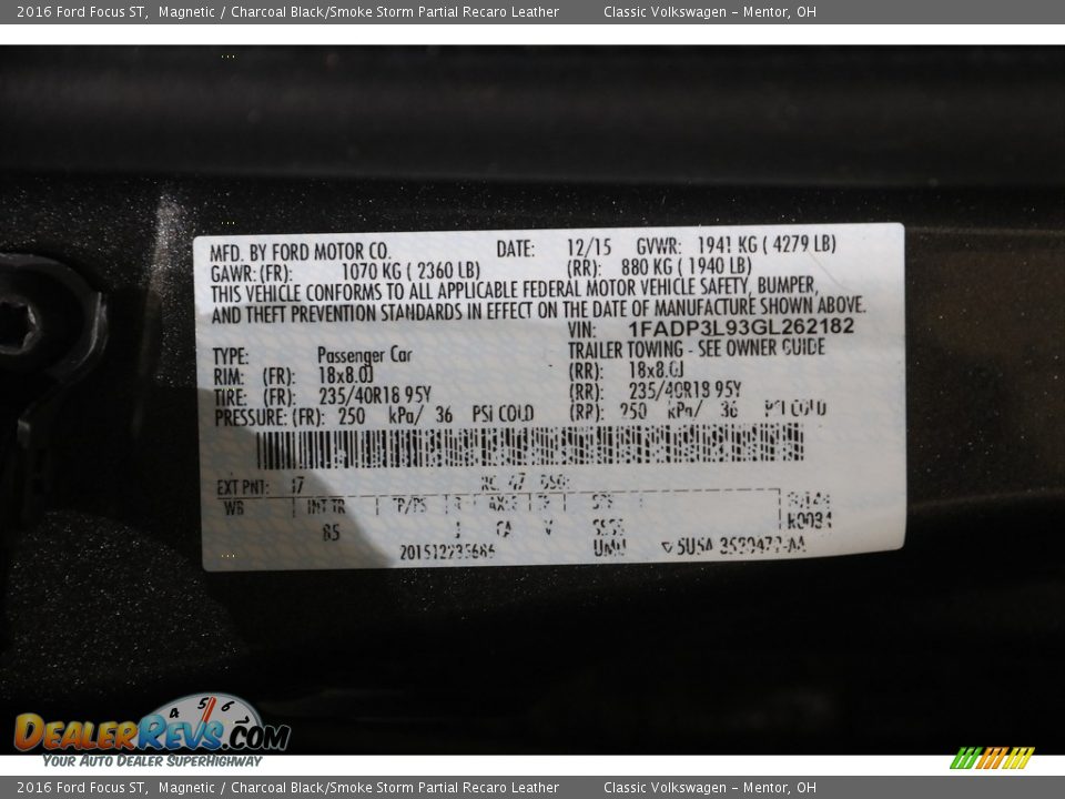 2016 Ford Focus ST Magnetic / Charcoal Black/Smoke Storm Partial Recaro Leather Photo #22