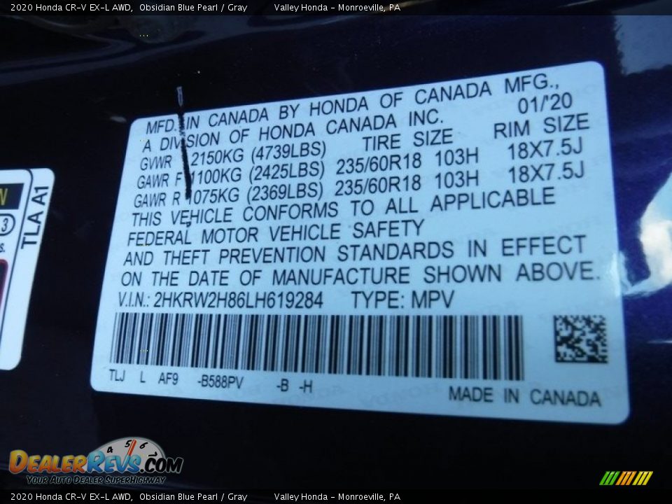 2020 Honda CR-V EX-L AWD Obsidian Blue Pearl / Gray Photo #34