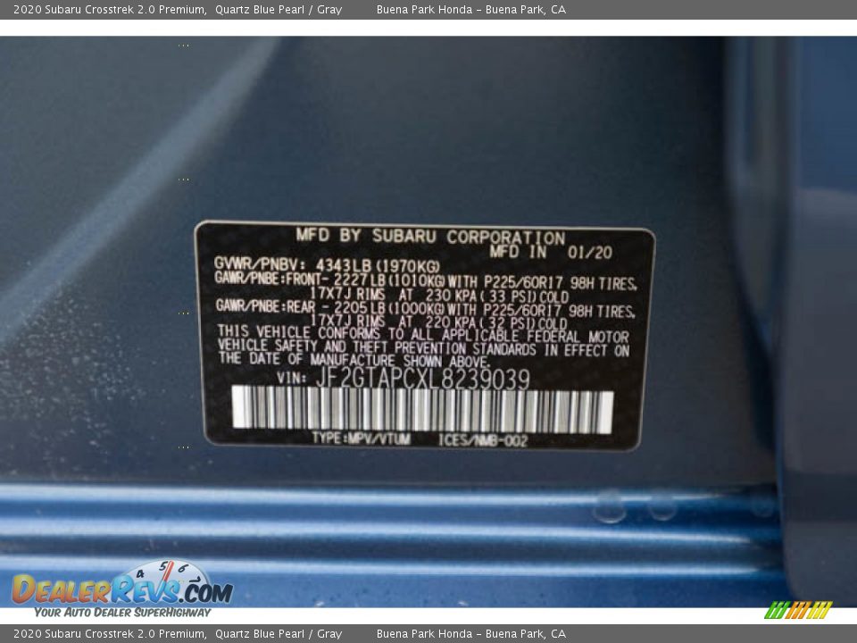2020 Subaru Crosstrek 2.0 Premium Quartz Blue Pearl / Gray Photo #35
