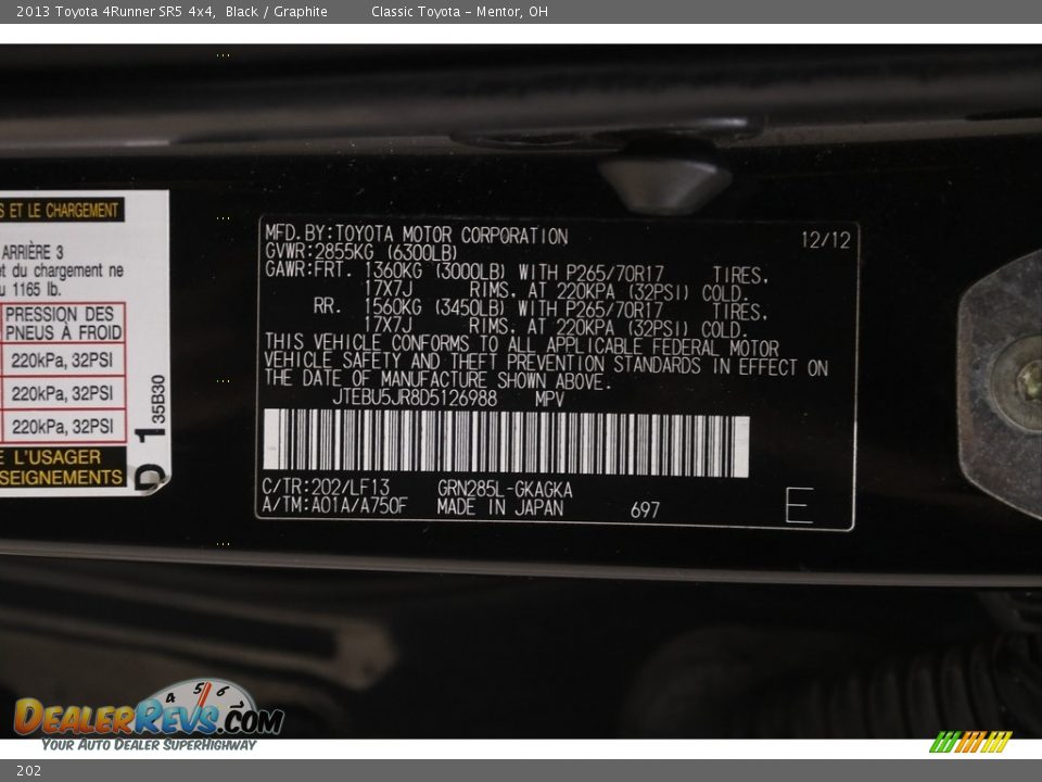 Toyota Color Code 202 Black