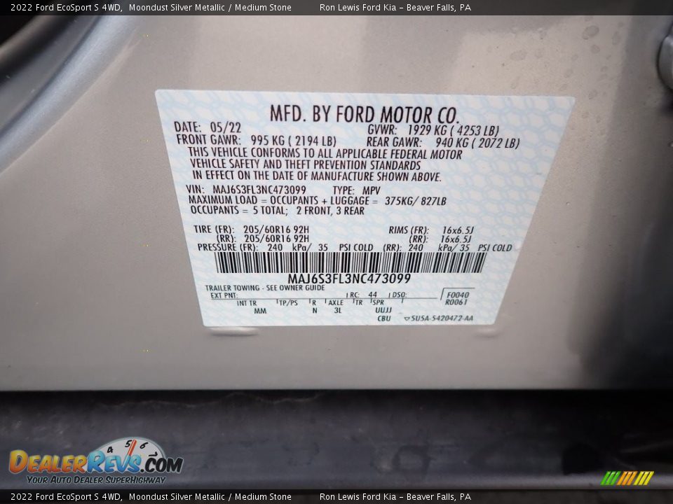 2022 Ford EcoSport S 4WD Moondust Silver Metallic / Medium Stone Photo #20