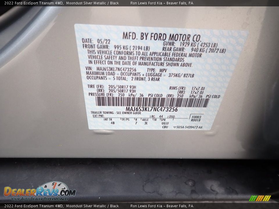 2022 Ford EcoSport Titanium 4WD Moondust Silver Metallic / Black Photo #20