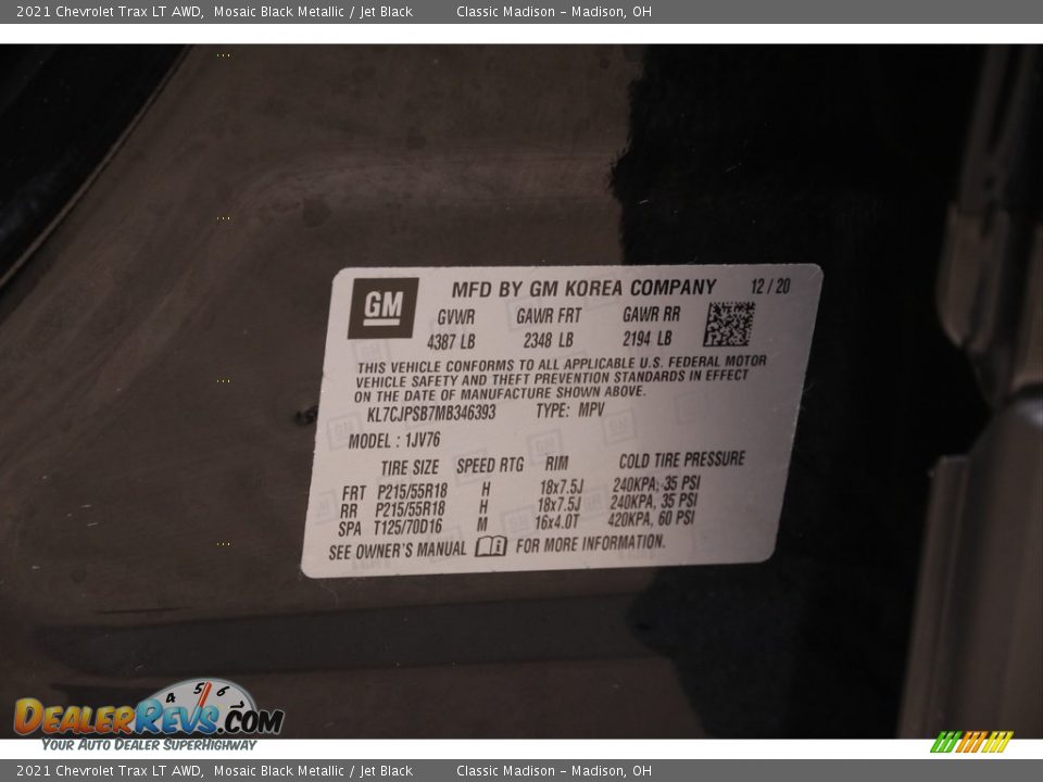 2021 Chevrolet Trax LT AWD Mosaic Black Metallic / Jet Black Photo #20