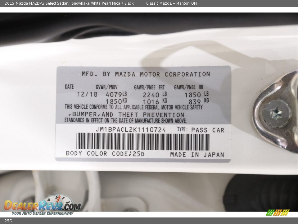 Mazda Color Code 25D Snowflake White Pearl Mica