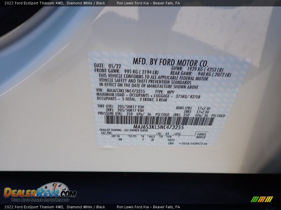 2022 Ford EcoSport Titanium 4WD Diamond White / Black Photo #20