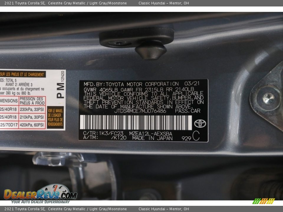 2021 Toyota Corolla SE Celestite Gray Metallic / Light Gray/Moonstone Photo #20