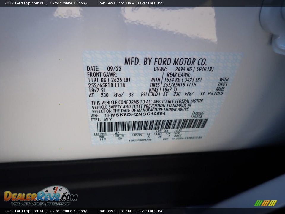 2022 Ford Explorer XLT Oxford White / Ebony Photo #20