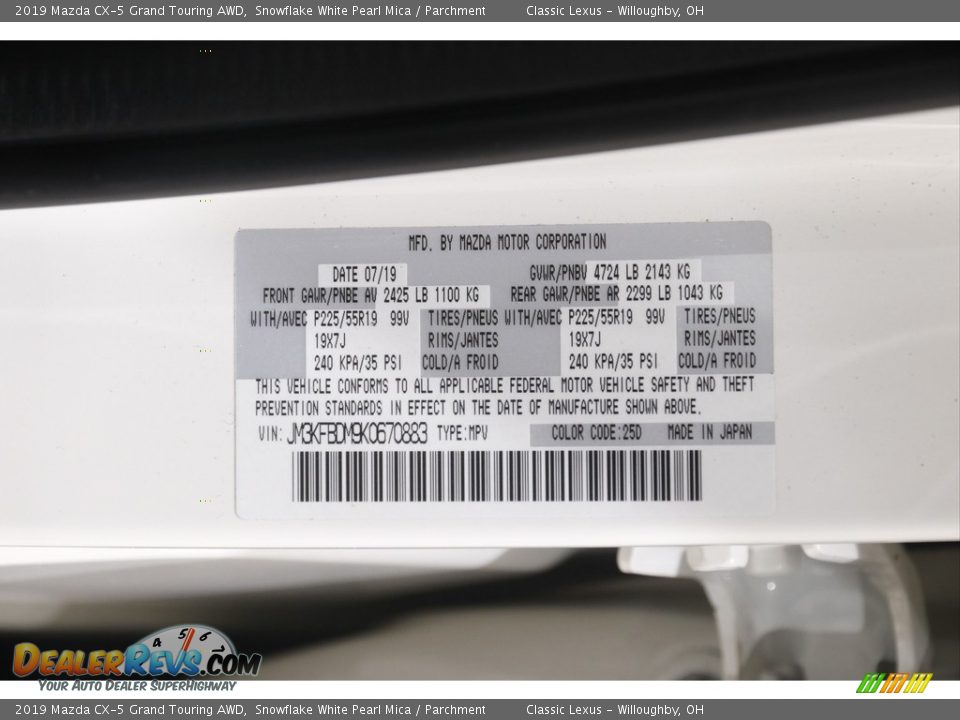 2019 Mazda CX-5 Grand Touring AWD Snowflake White Pearl Mica / Parchment Photo #22