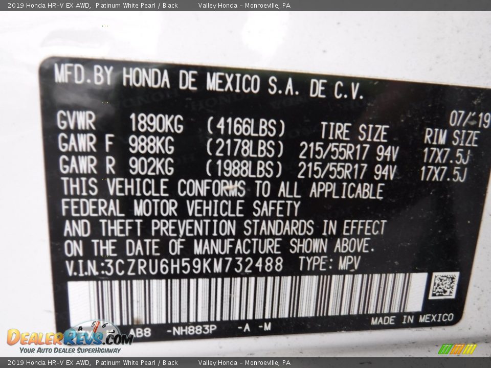2019 Honda HR-V EX AWD Platinum White Pearl / Black Photo #28
