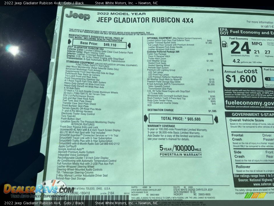 2022 Jeep Gladiator Rubicon 4x4 Window Sticker Photo #30
