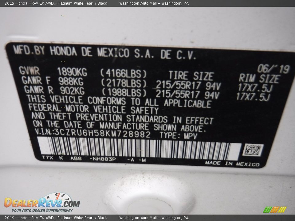 2019 Honda HR-V EX AWD Platinum White Pearl / Black Photo #31