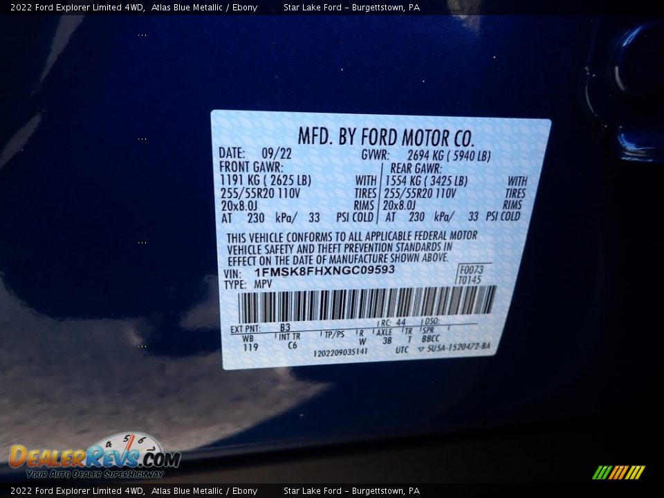 2022 Ford Explorer Limited 4WD Atlas Blue Metallic / Ebony Photo #20