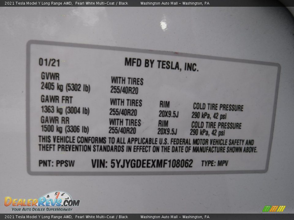 Info Tag of 2021 Tesla Model Y Long Range AWD Photo #36
