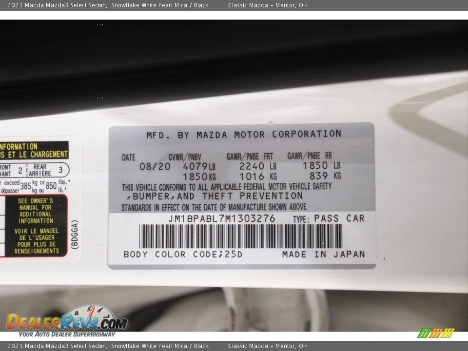 2021 Mazda Mazda3 Select Sedan Snowflake White Pearl Mica / Black Photo #20