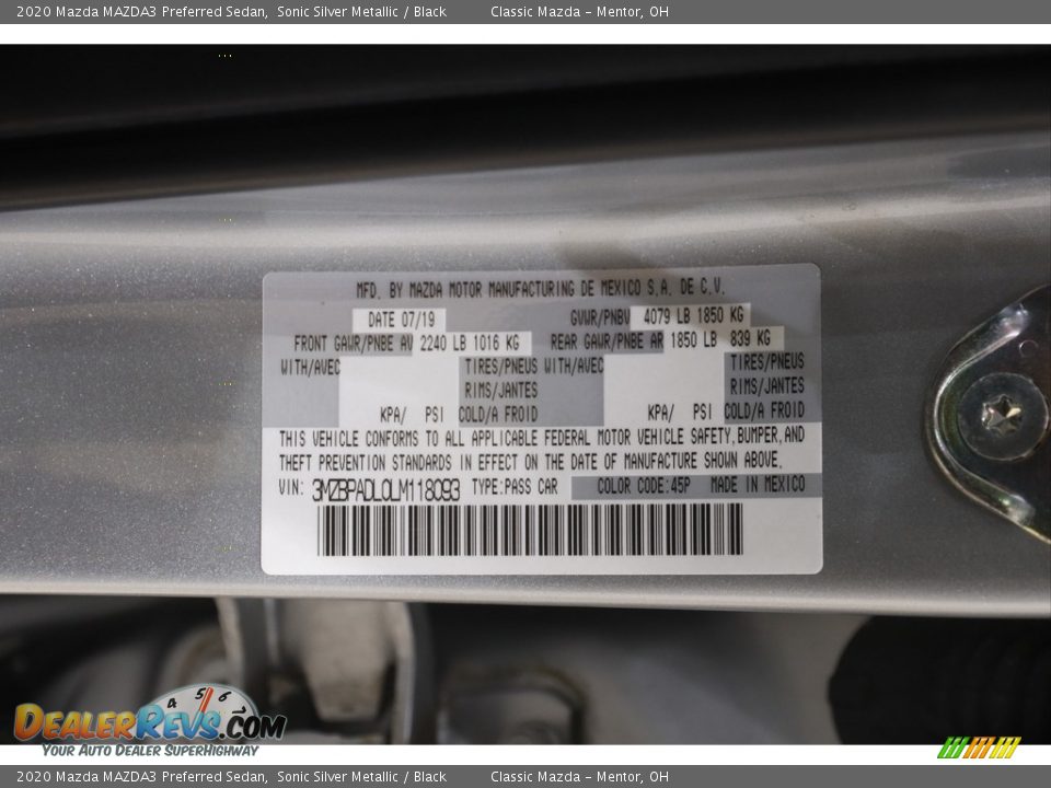 2020 Mazda MAZDA3 Preferred Sedan Sonic Silver Metallic / Black Photo #21
