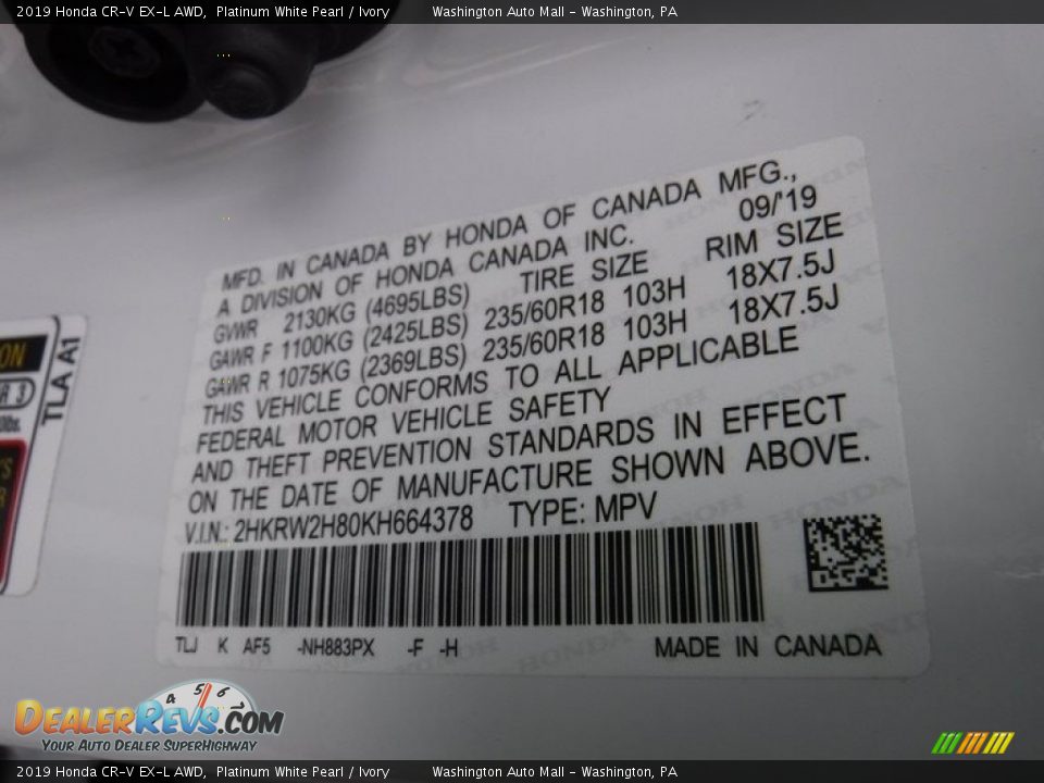2019 Honda CR-V EX-L AWD Platinum White Pearl / Ivory Photo #34