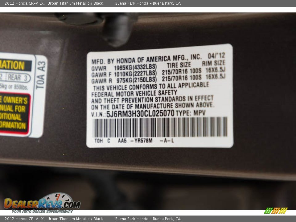 2012 Honda CR-V LX Urban Titanium Metallic / Black Photo #36