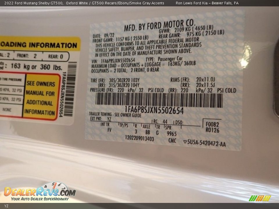 Ford Color Code YZ Oxford White