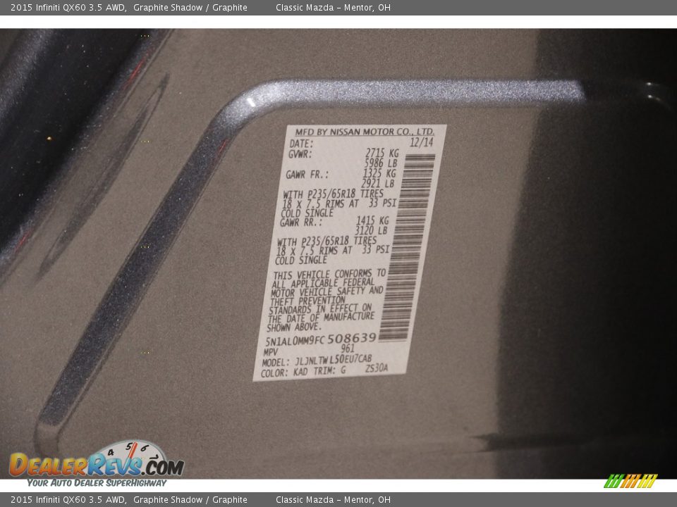 2015 Infiniti QX60 3.5 AWD Graphite Shadow / Graphite Photo #26