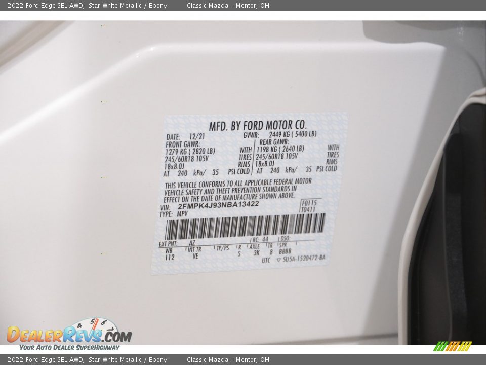 2022 Ford Edge SEL AWD Star White Metallic / Ebony Photo #25