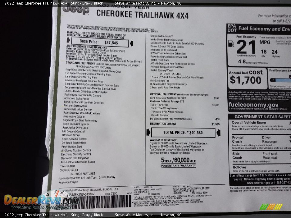 2022 Jeep Cherokee Trailhawk 4x4 Sting-Gray / Black Photo #30