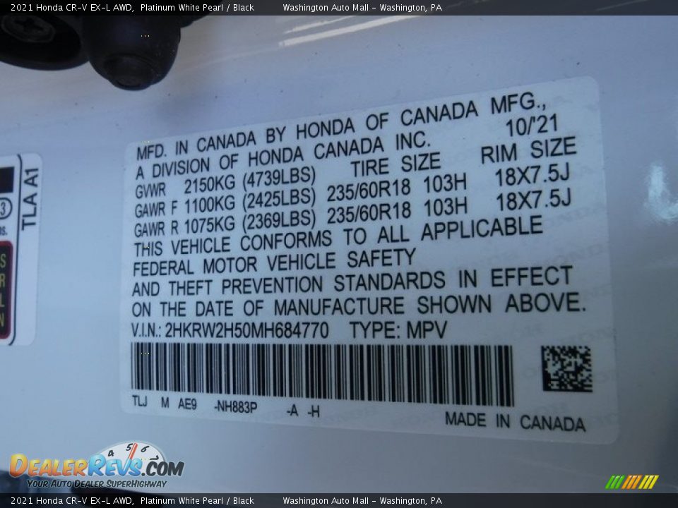 2021 Honda CR-V EX-L AWD Platinum White Pearl / Black Photo #32