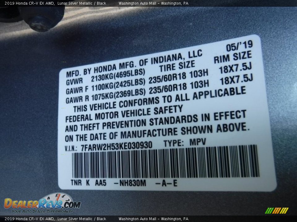 2019 Honda CR-V EX AWD Lunar Silver Metallic / Black Photo #31