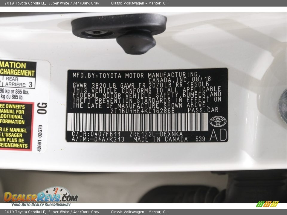 2019 Toyota Corolla LE Super White / Ash/Dark Gray Photo #19