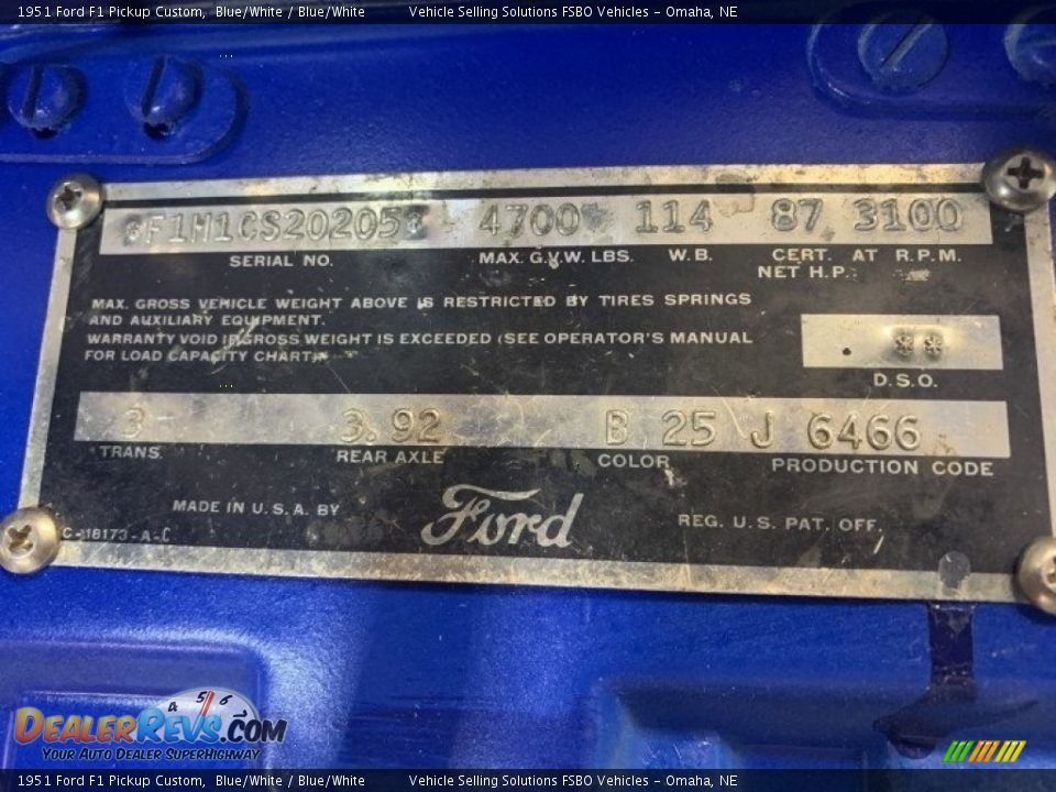 Info Tag of 1951 Ford F1 Pickup Custom Photo #33