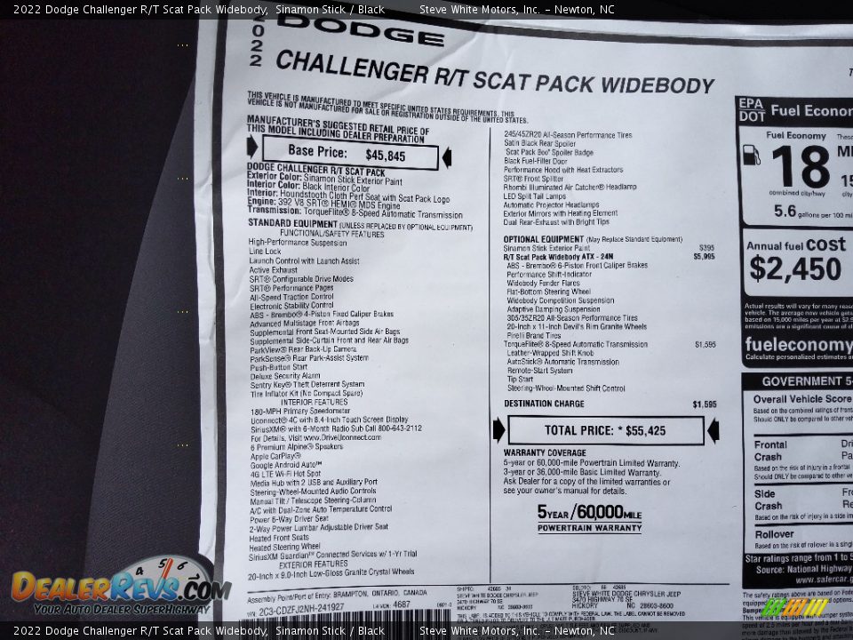 2022 Dodge Challenger R/T Scat Pack Widebody Window Sticker Photo #26