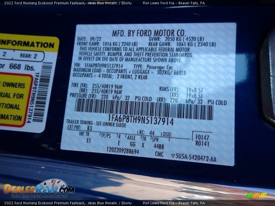 2022 Ford Mustang Ecoboost Premium Fastback Atlas Blue Metallic / Ebony Photo #20