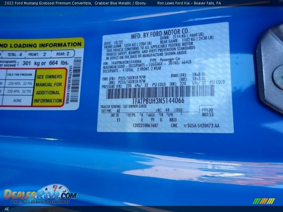 Ford Color Code AE Grabber Blue Metallic