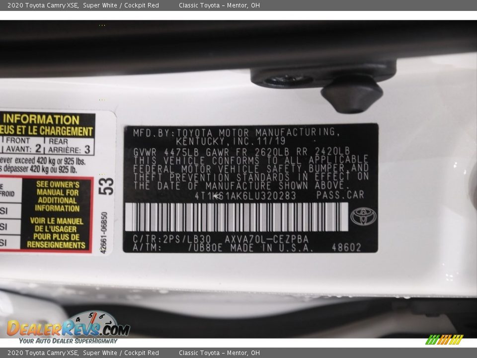 2020 Toyota Camry XSE Super White / Cockpit Red Photo #21